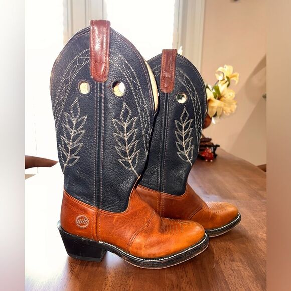 Vtg Double-H Western Cowboy Boots Sz 6 M Bold Stitch Leather Thick Sole USA Made - Picture 3 of 12